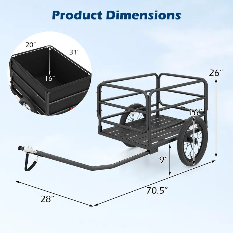 70.5" x 28" x 26" Heavy-Duty Bike Cargo Trailer for Bicycles