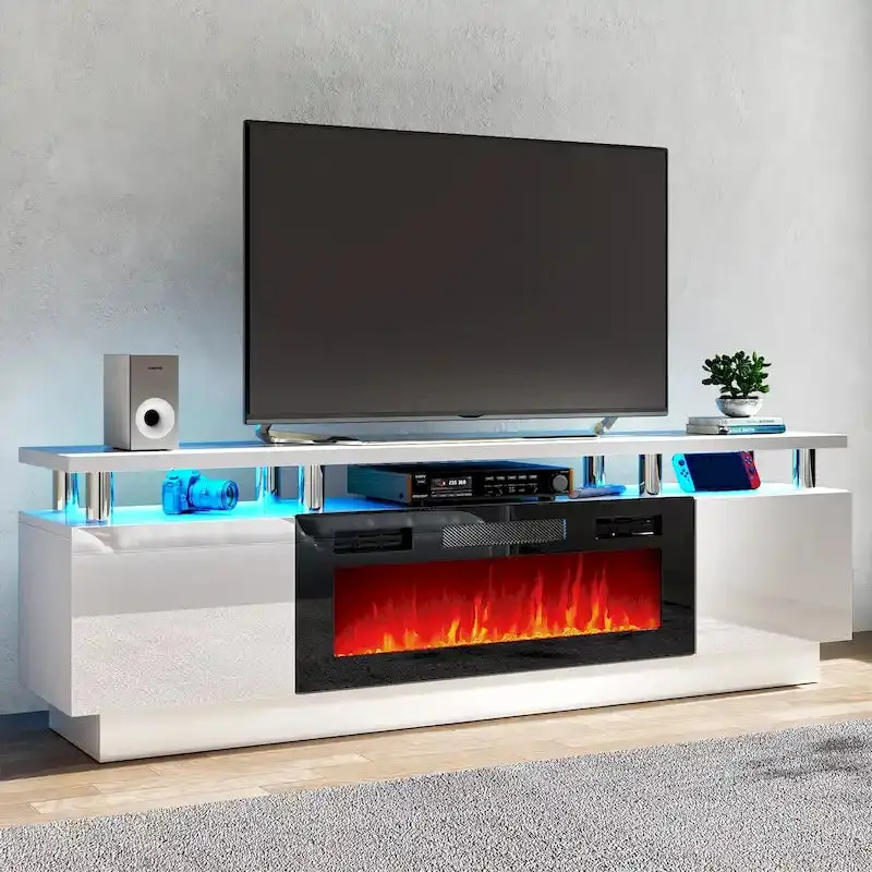 70-Inch TV Stand with Built-in Electric Fireplace – Media Console Featuring Adjustable Shelving & Flame Effect 2