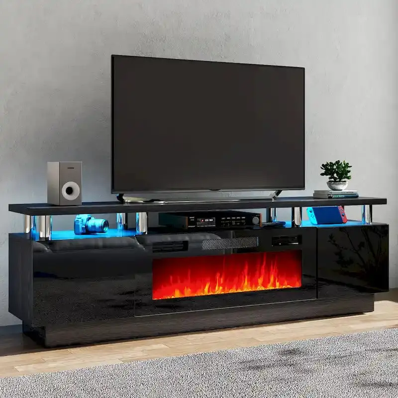 70-Inch TV Stand with Built-in Electric Fireplace – Media Console Featuring Adjustable Shelving & Flame Effect