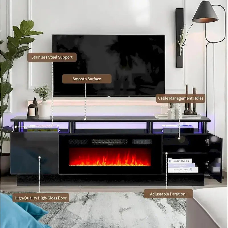 70-Inch TV Stand with Built-in Electric Fireplace – Media Console Featuring Adjustable Shelving & Flame Effect