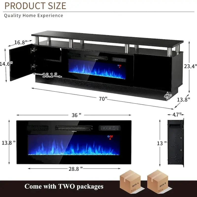 70-Inch TV Stand with Built-in Electric Fireplace – Media Console Featuring Adjustable Shelving & Flame Effect