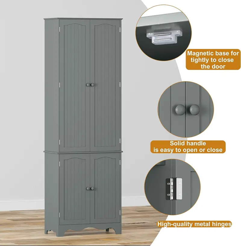 72-Inch Freestanding Wooden Pantry Cabinet with 4 Doors and 5 Adjustable Shelves 2