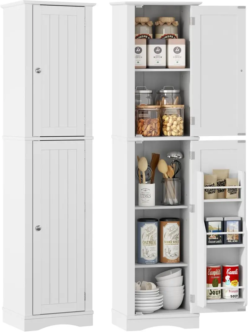 72-Inch Freestanding Wooden Pantry Cabinet with 4 Doors and 5 Adjustable Shelves