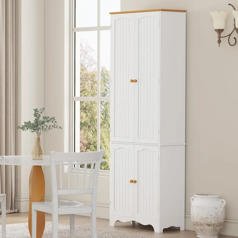 72-Inch Freestanding Wooden Pantry Cabinet with 4 Doors and 5 Adjustable Shelves