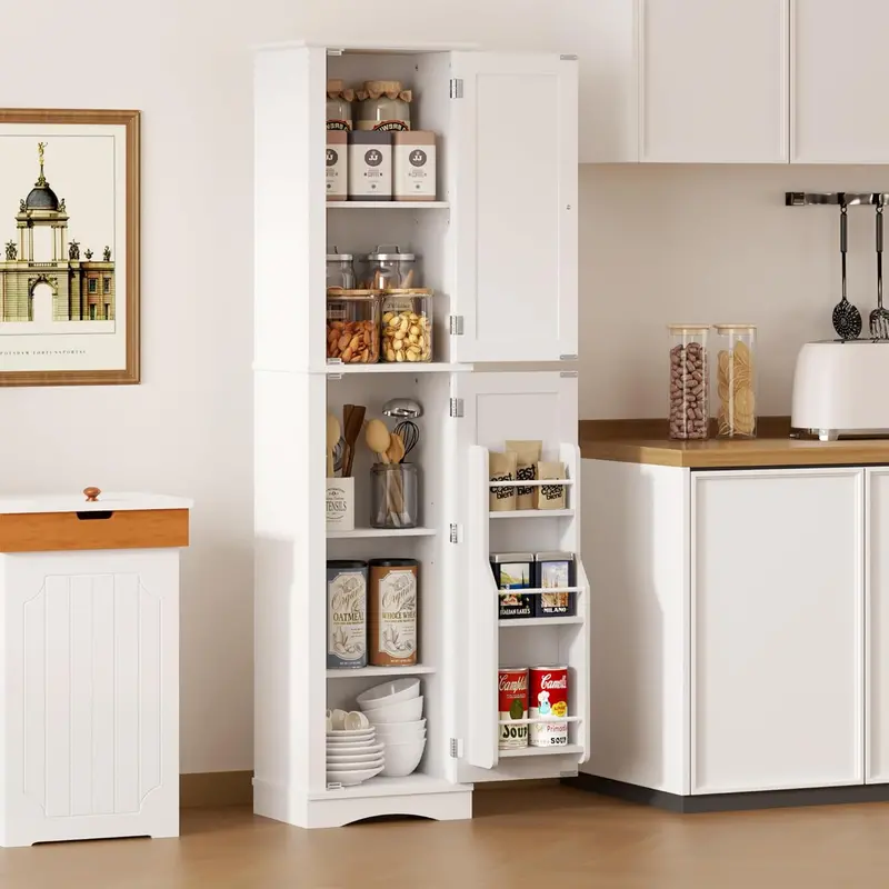 72-Inch Freestanding Wooden Pantry Cabinet with 4 Doors and 5 Adjustable Shelves