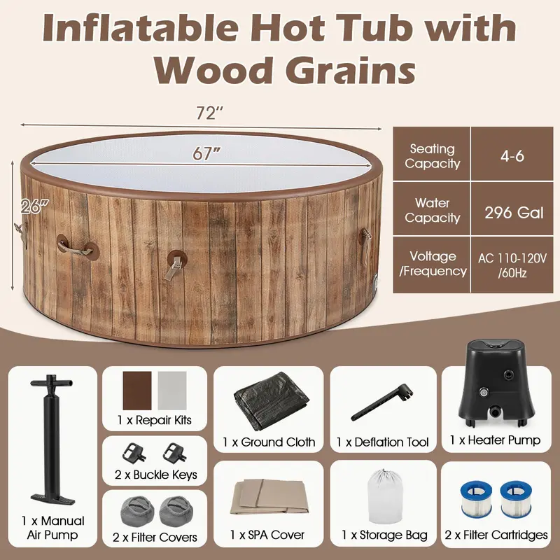 72-Inch Inflatable Spa Hot Tub for 4–6 Users Featuring 120 Air Jets and Digital Controls