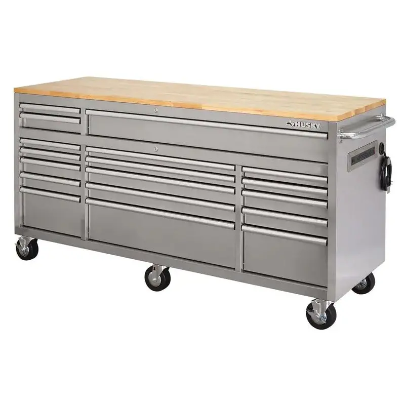 72-Inch Mobile Workbench – 18-Drawer Industrial Cart with Solid Wood Top & Stainless Steel Frame