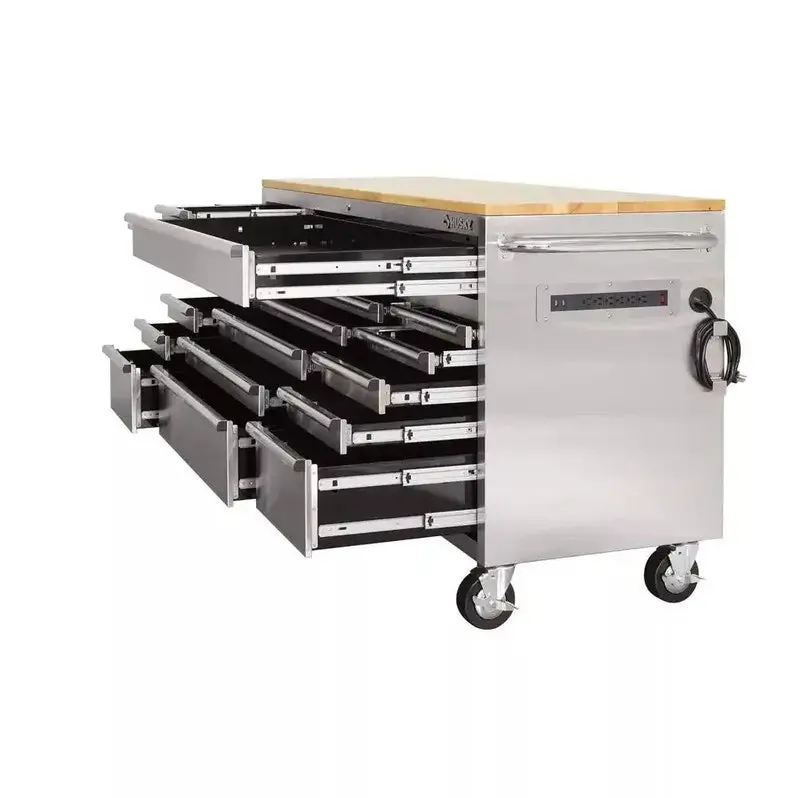 72-Inch Mobile Workbench – 18-Drawer Industrial Cart with Solid Wood Top & Stainless Steel Frame
