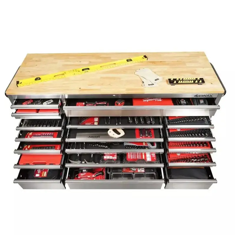 72-Inch Mobile Workbench – 18-Drawer Industrial Cart with Solid Wood Top & Stainless Steel Frame