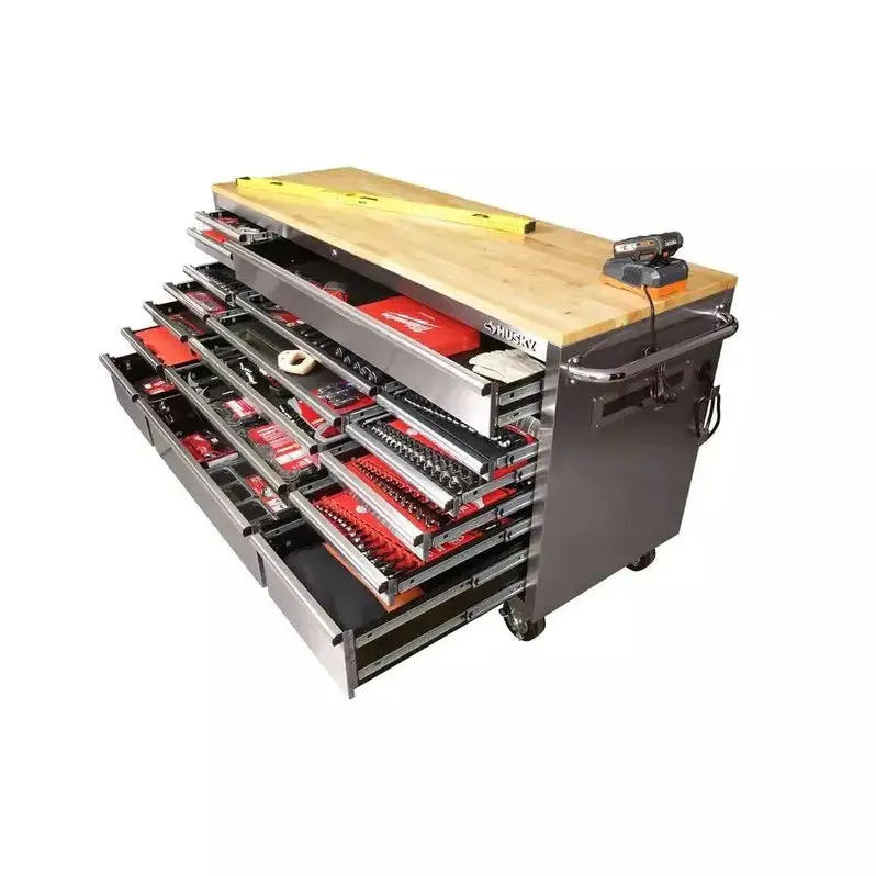 72-Inch Mobile Workbench – 18-Drawer Industrial Cart with Solid Wood Top & Stainless Steel Frame