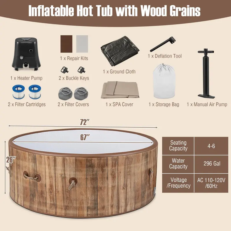 72-Inch Round Inflatable Hot Tub for 4–6 People with 120 Air Jets and Integrated Heater