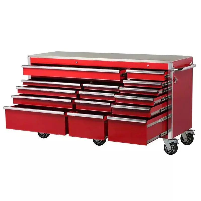 72" Professional Rolling Tool Cabinet – 15-Drawer Stainless Steel Top Workstation with Dual Security Locks, Red