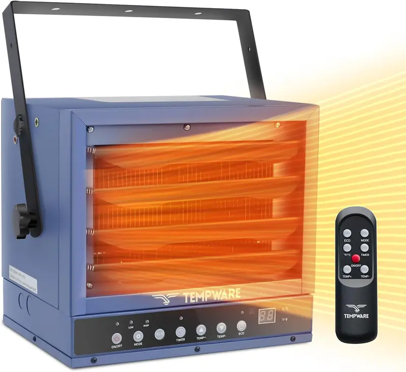 7500W Digital Garage Heater – Ceiling-Mounted Fan-Forced Shop Heater with Remote Control, 240V Hardwire & 12-Hour Timer (Blue)