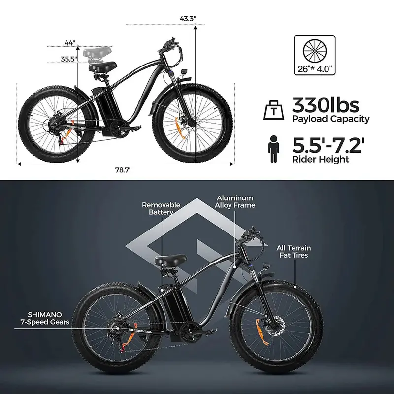 750W Electric Mountain Bike — 48V/15Ah Battery, Dual Hydraulic Disc Brakes, Shimano 7-Speed, Matte Black