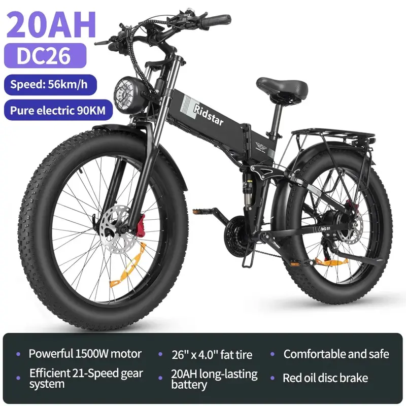 750W Folding Electric Bike for Adults – 48V 20Ah Removable Battery, 26" Fat Tires, Shimano 21-Speed MTB