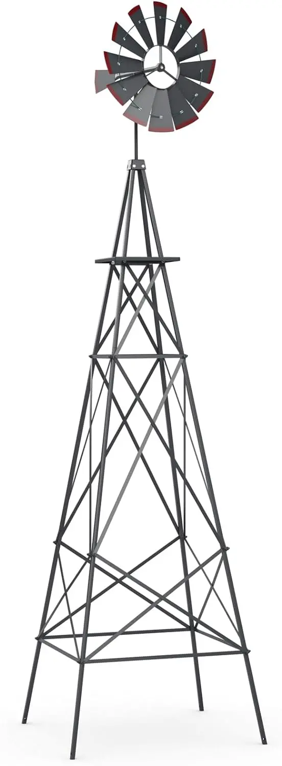 8-Foot All-Weather Ornamental Metal Windmill with Four-Point Base and Weathervane Feature