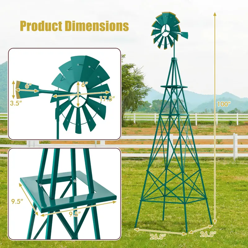 8-Foot All-Weather Ornamental Metal Windmill with Four-Point Base and Weathervane Feature