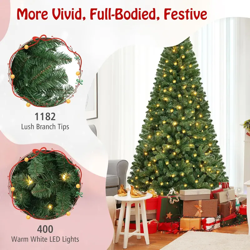 8-Foot Full-Bodied Pre-Lit Artificial Christmas Tree with 400 Warm White LEDs