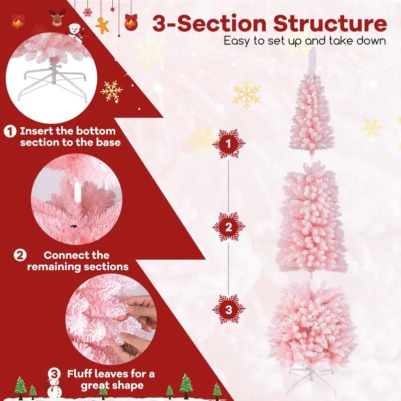 8-Foot Pink Slim Christmas Tree – Unlit Artificial Pencil-Style Xmas Tree with 1000 Dense Branch Tips