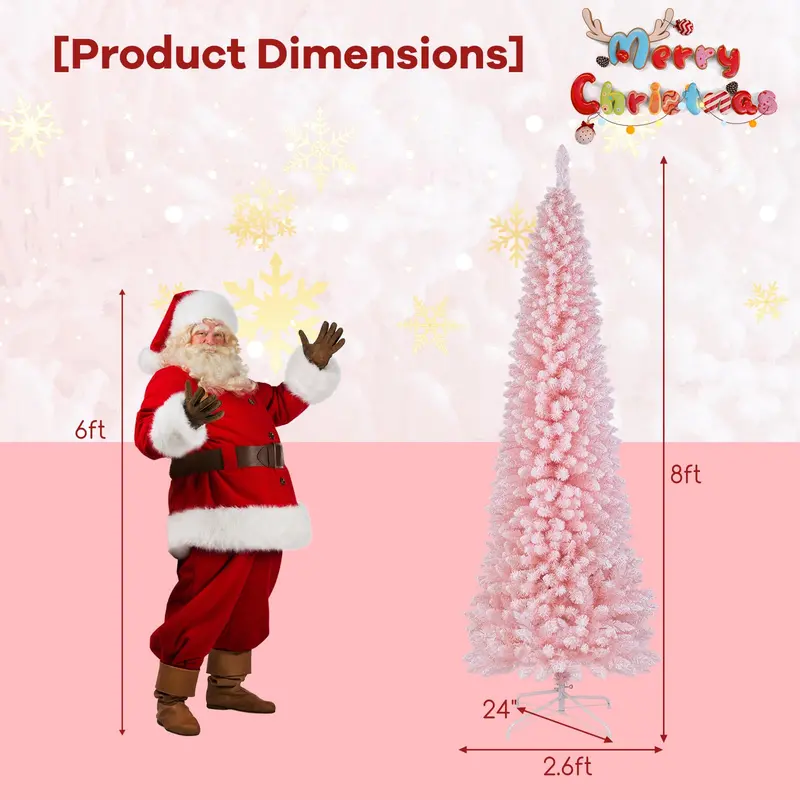 8-Foot Pink Slim Christmas Tree – Unlit Artificial Pencil-Style Xmas Tree with 1000 Dense Branch Tips