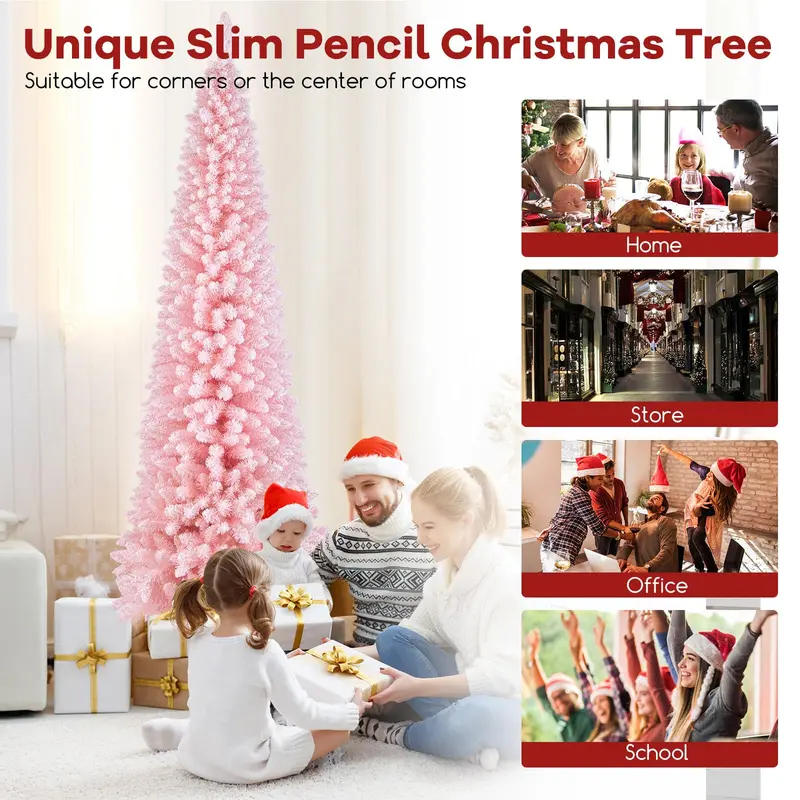 8-Foot Pink Slim Christmas Tree – Unlit Artificial Pencil-Style Xmas Tree with 1000 Dense Branch Tips
