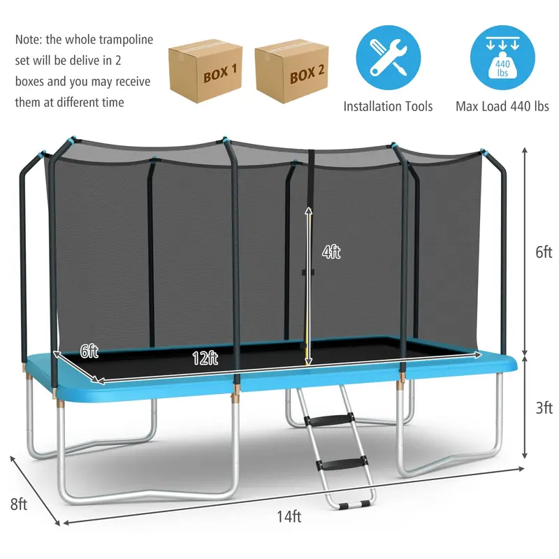 8 ft x 14 ft Rectangular Trampoline – 440 lb Weight Limit, Enclosure Net & Non-Slip Ladder Included