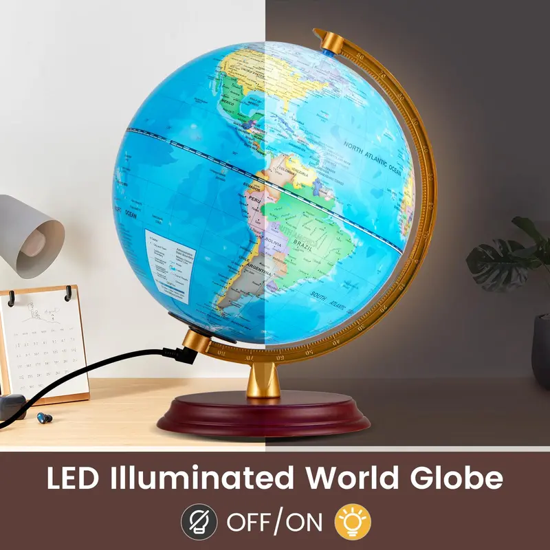 8-Inch Nightlight Globe Lamp – HD Map Illuminated Desk Light with Wooden Base