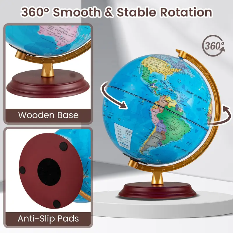 8-Inch Nightlight Globe Lamp – HD Map Illuminated Desk Light with Wooden Base