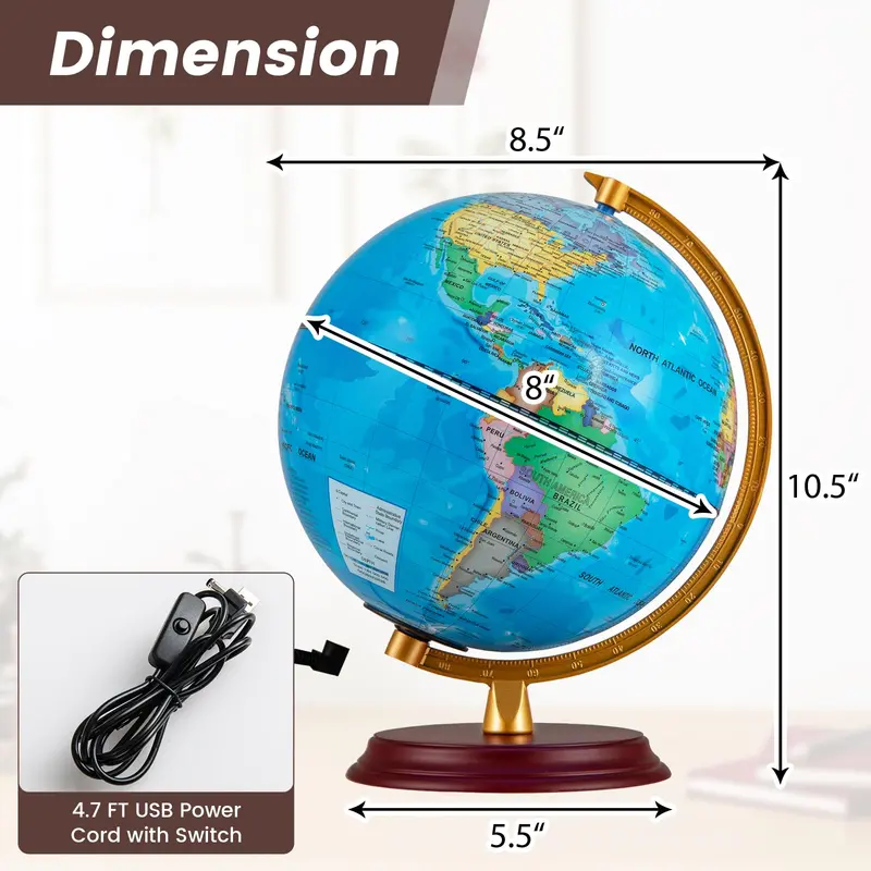 8-Inch Nightlight Globe Lamp – HD Map Illuminated Desk Light with Wooden Base