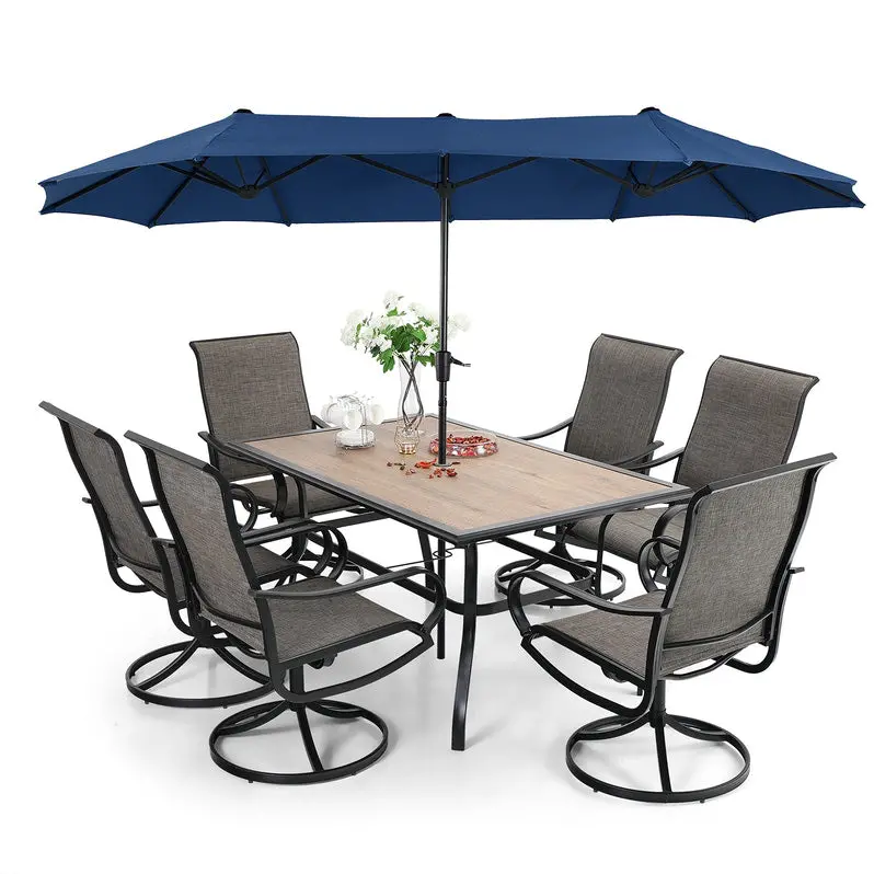8-Piece Outdoor Dining Set – Includes Umbrella & Six Sling Swivel Chairs