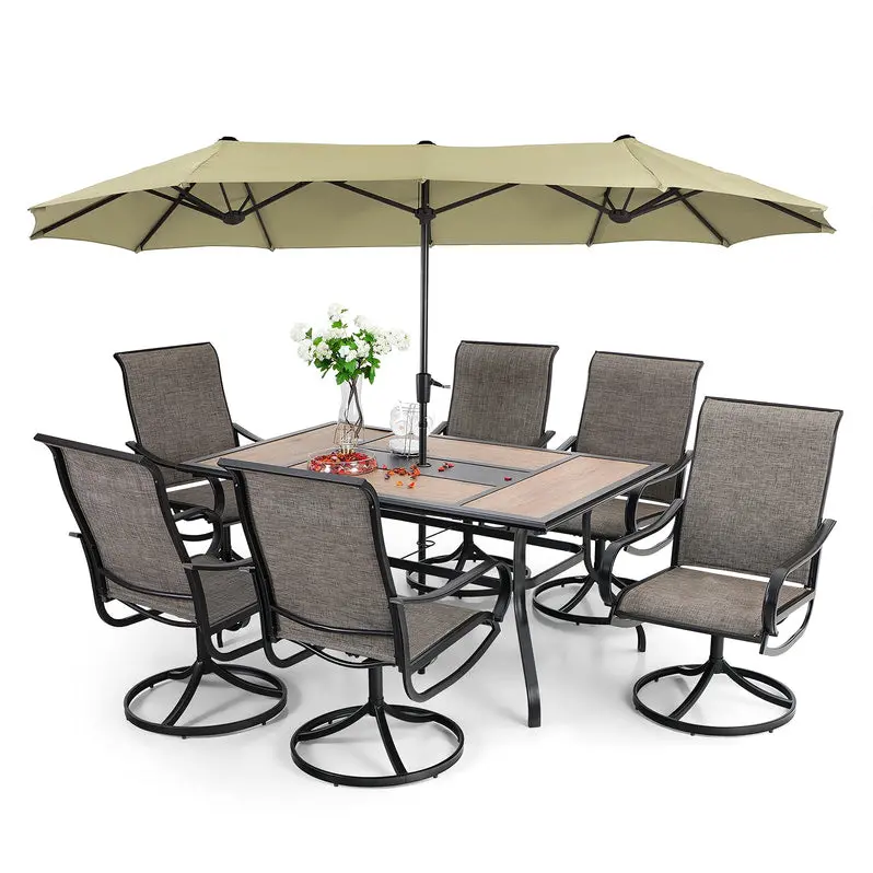 8-Piece Outdoor Dining Set – Includes Umbrella & Six Sling Swivel Chairs