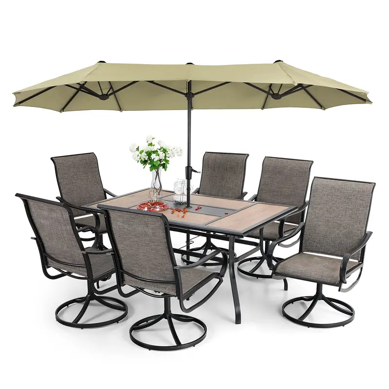 8-Piece Outdoor Patio Dining Set with Umbrella & Swivel Sling Chairs
