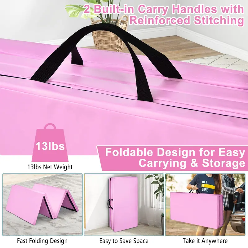 8' x 4' Four-Fold Gymnastics Mat – 2-Inch Thick Tumbling Pad with Carry Handles