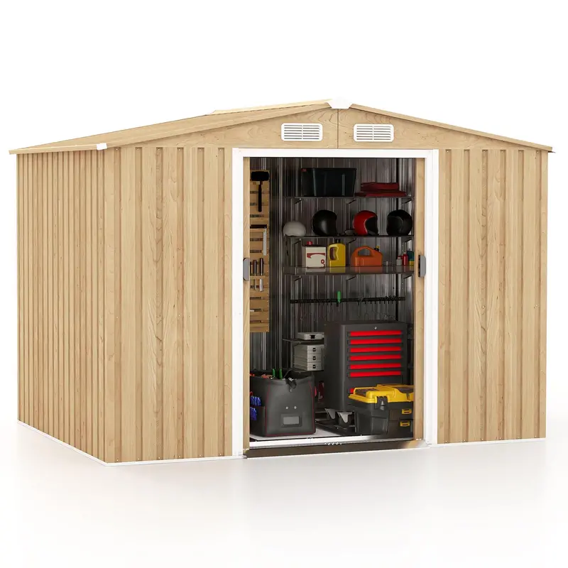 8' x 6' Galvanized Metal Outdoor Storage Shed with Woodgrain Finish and Ventilation