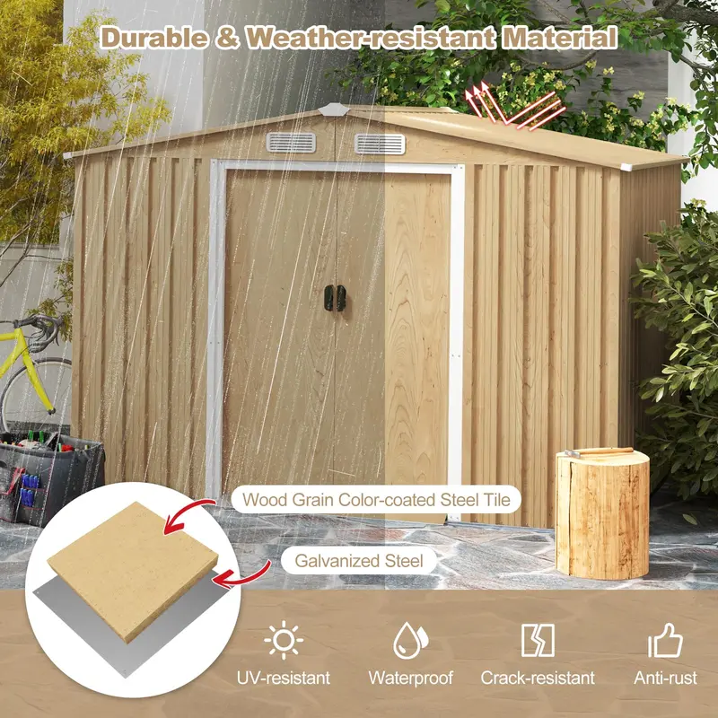 8' x 6' Galvanized Metal Outdoor Storage Shed with Woodgrain Finish and Ventilation 2