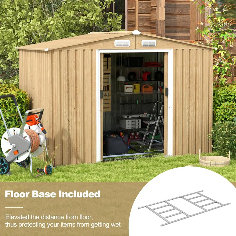 8' x 6' Galvanized Metal Outdoor Storage Shed with Woodgrain Finish and Ventilation