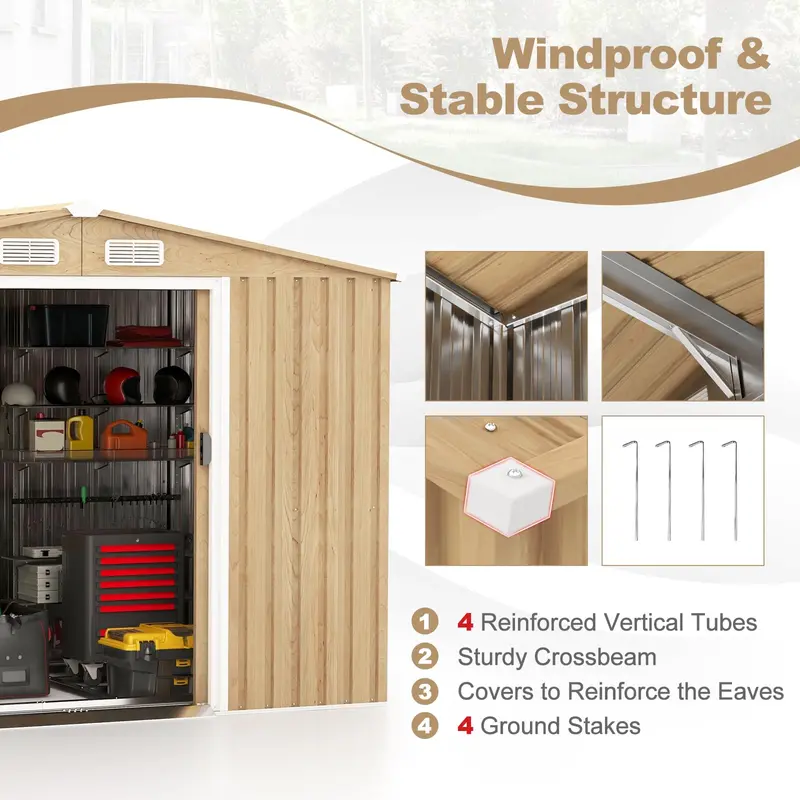 8' x 6' Galvanized Metal Outdoor Storage Shed with Woodgrain Finish and Ventilation