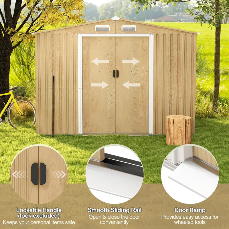 8' x 6' Galvanized Metal Outdoor Storage Shed with Woodgrain Finish and Ventilation