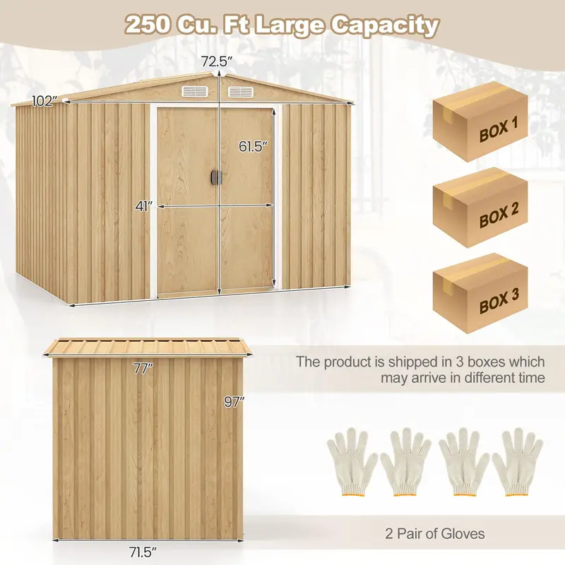 8' x 6' Galvanized Metal Outdoor Storage Shed with Woodgrain Finish and Ventilation