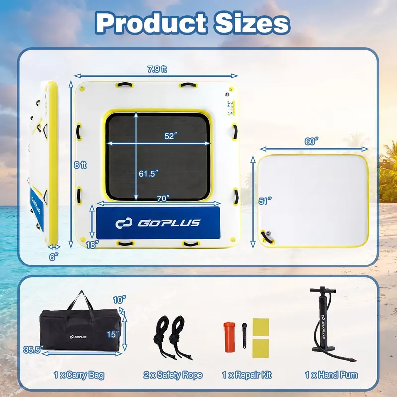 8' x 8' Inflatable Swim Platform – Floating Dock with 6-Inch Cushioned Thickness