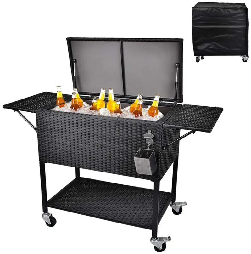 80-Quart Rolling Rattan Cooler Cart – Wicker-Style Portable Beverage Trolley for Patios & Parties