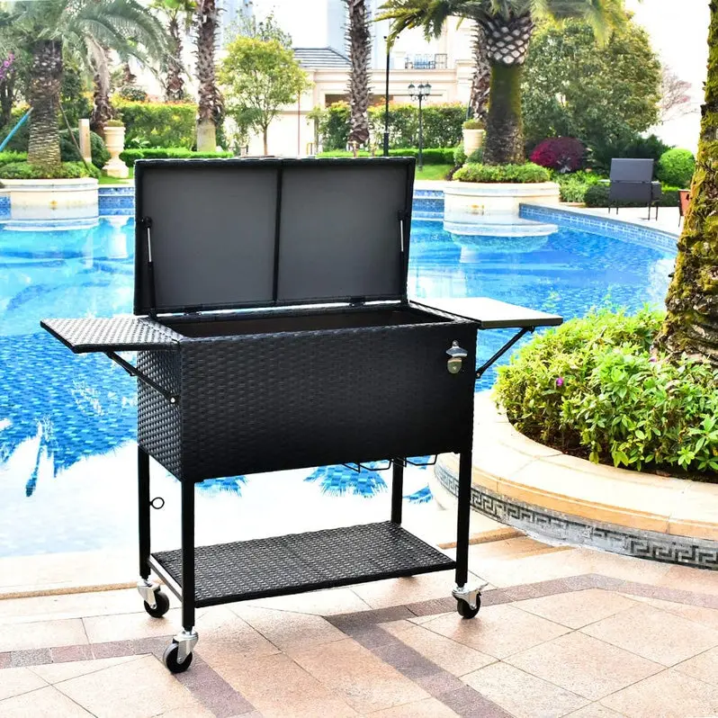 80-Quart Rolling Rattan Cooler Cart – Wicker-Style Portable Beverage Trolley for Patios & Parties
