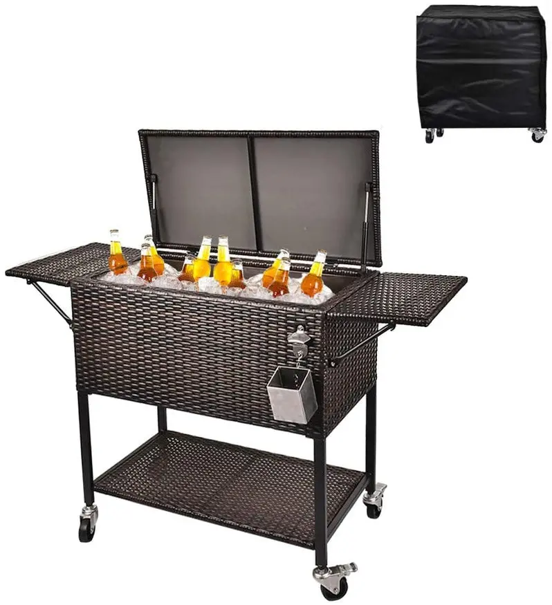 80-Quart Rolling Rattan Cooler Cart – Wicker-Style Portable Beverage Trolley for Patios & Parties