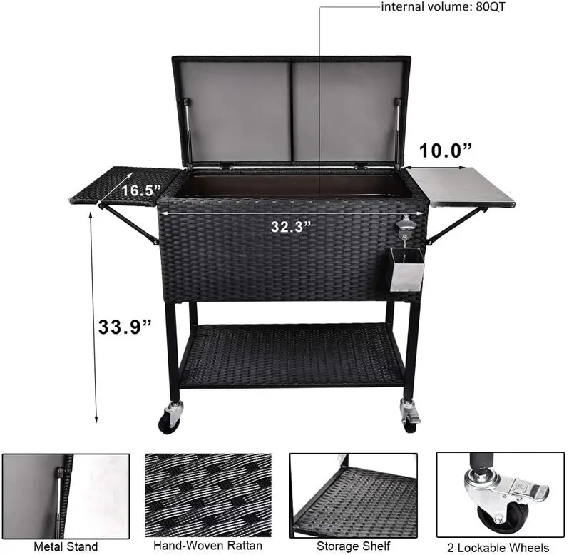 80-Quart Rolling Rattan Cooler Cart – Wicker-Style Portable Beverage Trolley for Patios & Parties