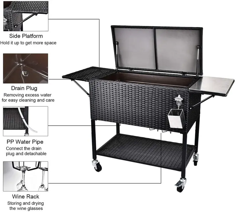 80-Quart Rolling Rattan Cooler Cart – Wicker-Style Portable Beverage Trolley for Patios & Parties
