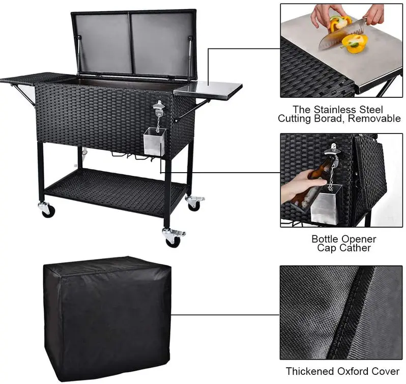 80-Quart Rolling Rattan Cooler Cart – Wicker-Style Portable Beverage Trolley for Patios & Parties