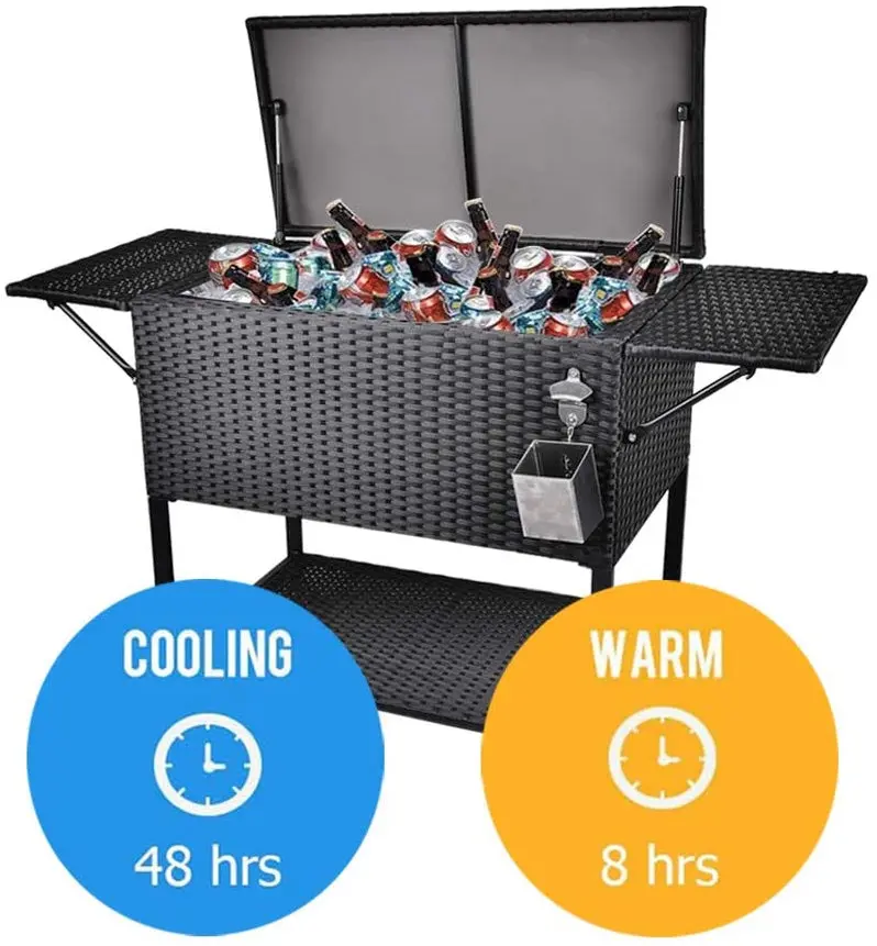 80-Quart Rolling Rattan Cooler Cart – Wicker-Style Portable Beverage Trolley for Patios & Parties