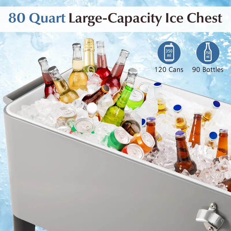 80-Quart Wheeled Rolling Ice Chest with Storage Shelf & Smooth-Castor Wheels 2