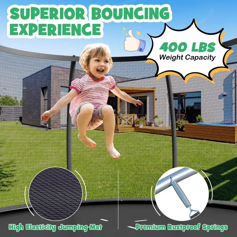 8FT / 10FT / 12FT Outdoor Trampoline – 400 lb Capacity Enclosed Recreational Bounce Platform