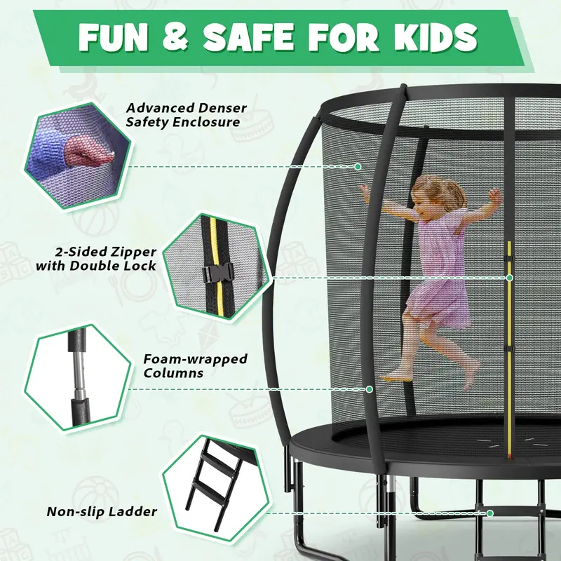 8FT / 10FT / 12FT Outdoor Trampoline – 400 lb Capacity Enclosed Recreational Bounce Platform
